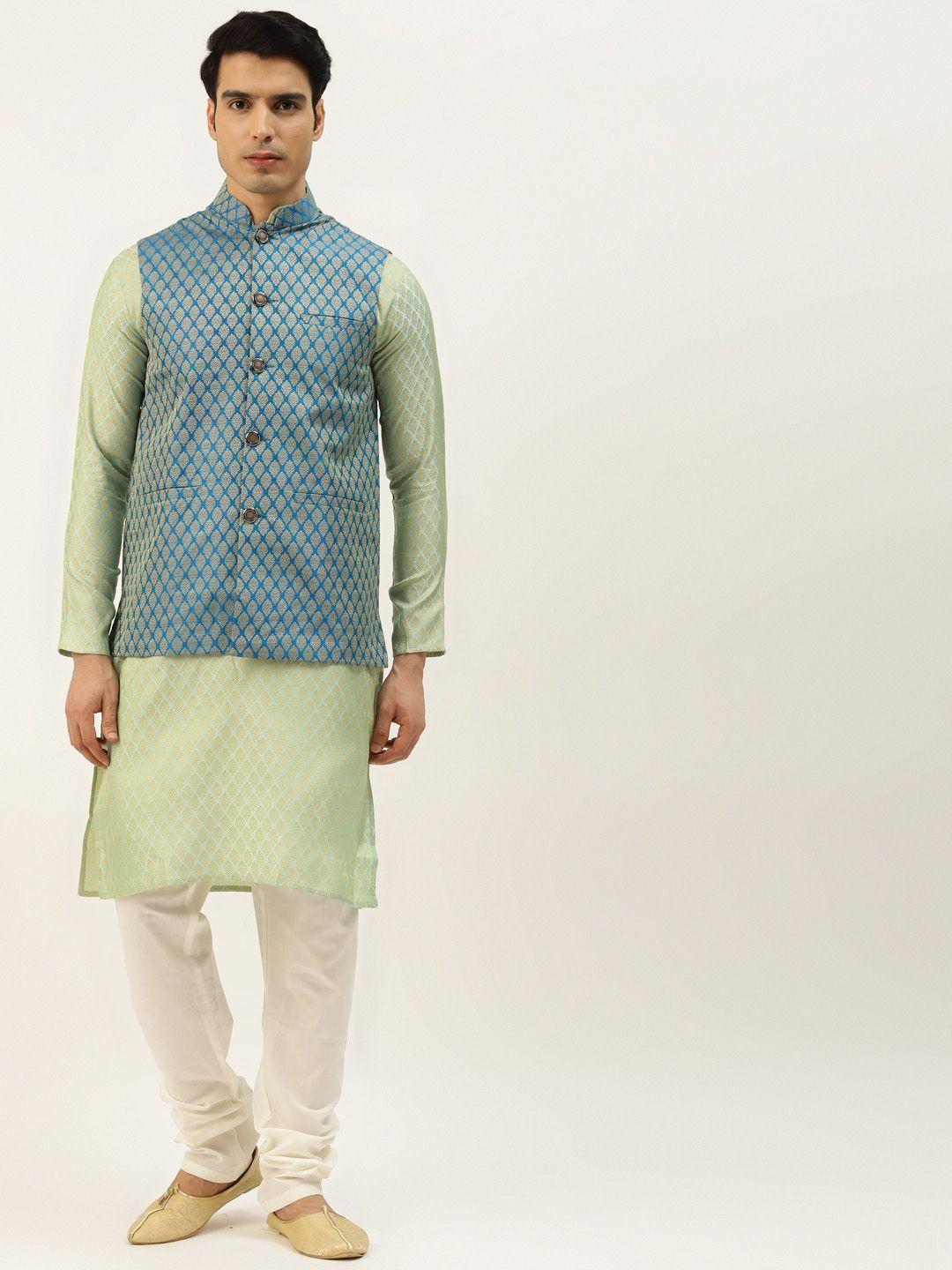 sojanya men blue & green jacquard ethnic motifs straight kurta with churidar