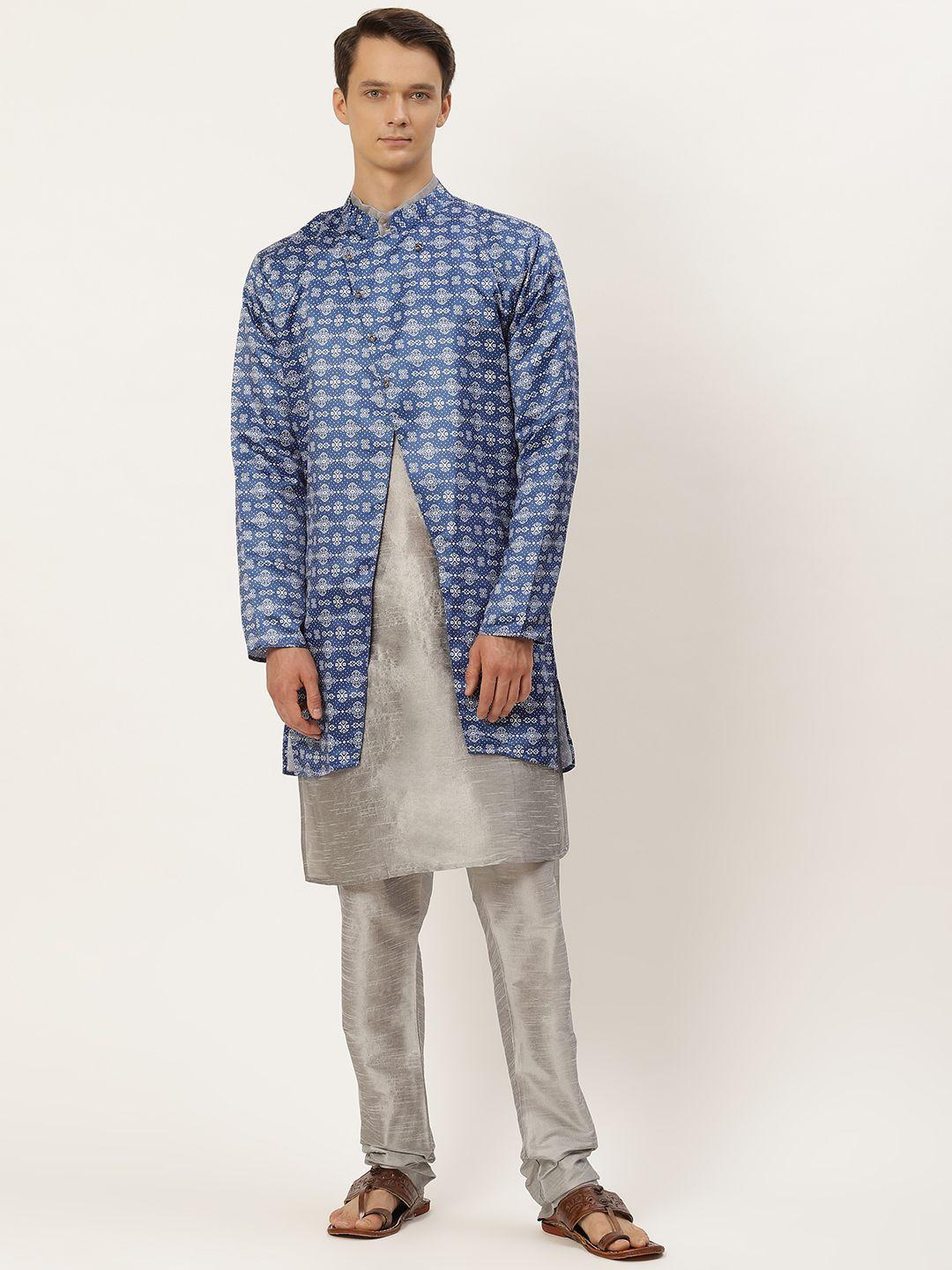 sojanya men blue & grey ethnic motifs print kurta & churidar with tailored jacket