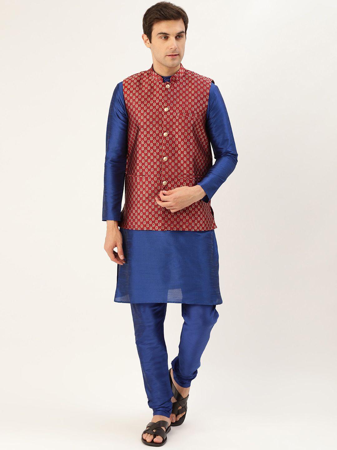 sojanya men blue & maroon solid kurta with churidar & nehru jacket