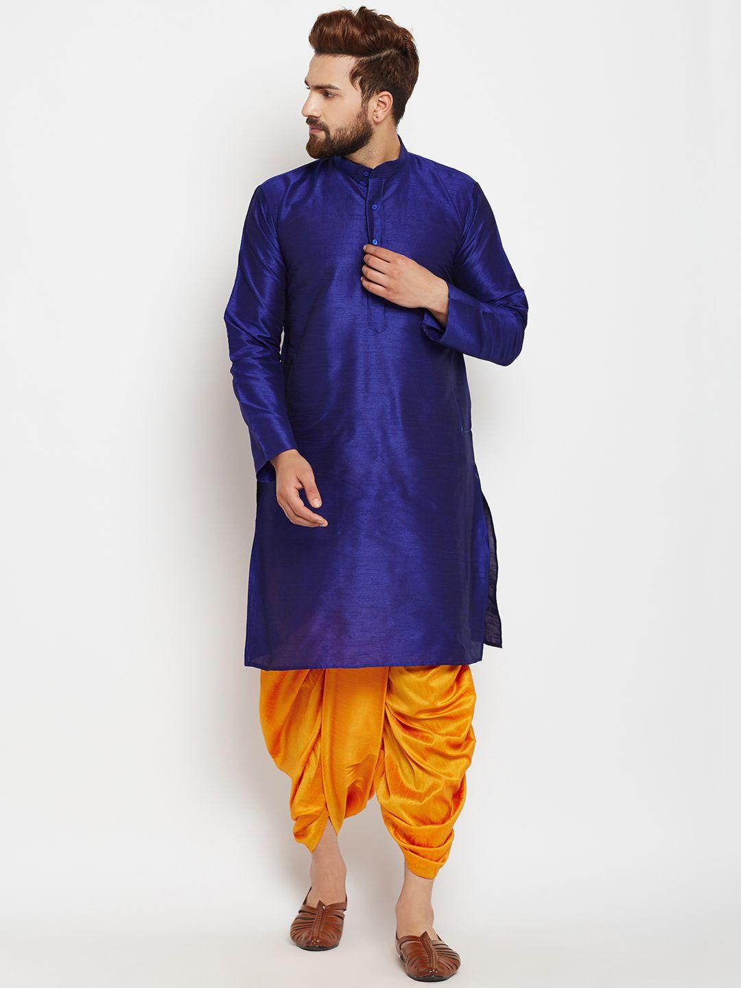 sojanya men blue & mustard solid kurta with dhoti pants