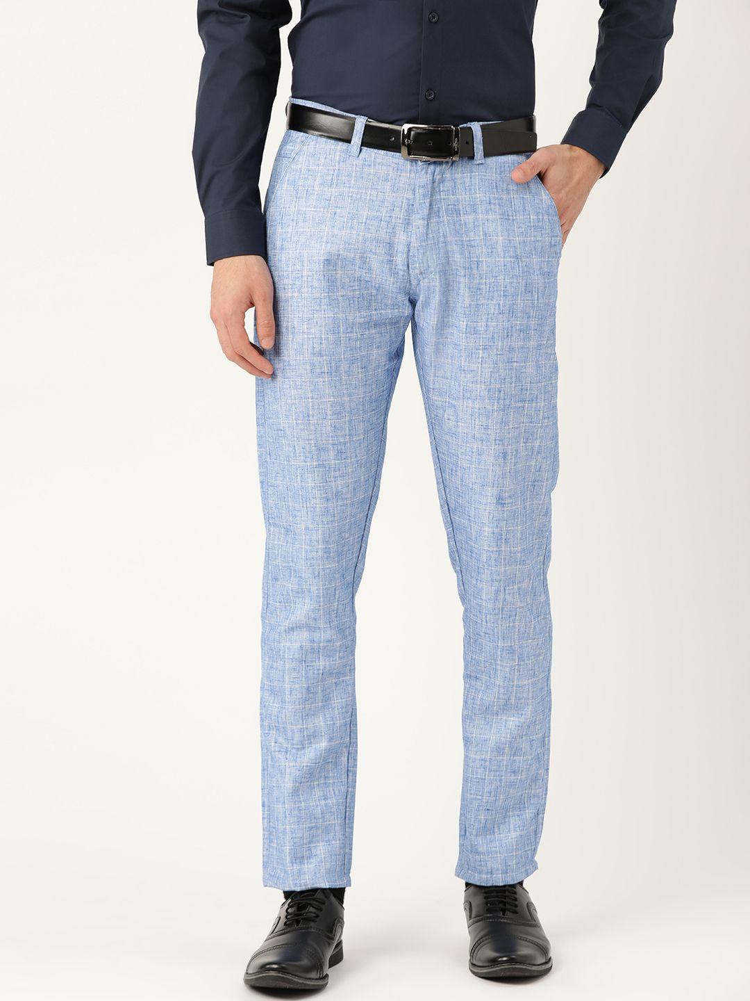 sojanya men blue & off-white smart regular fit checked formal trousers