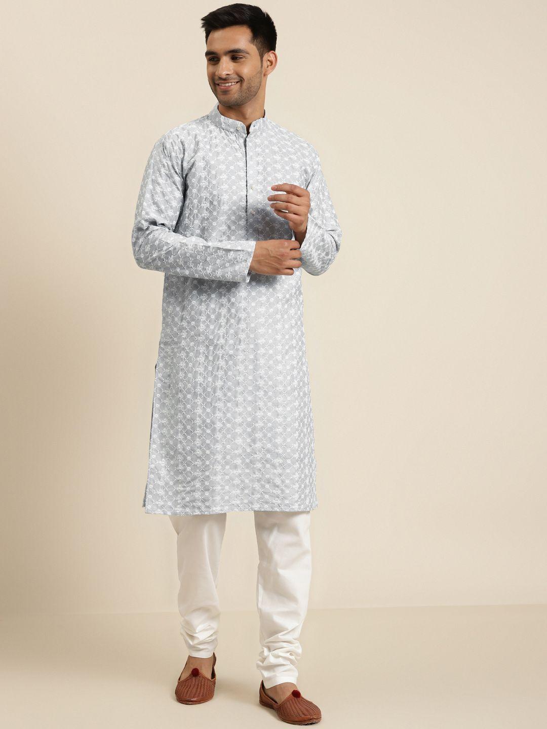 sojanya men blue & white embroidered kurta with churidar