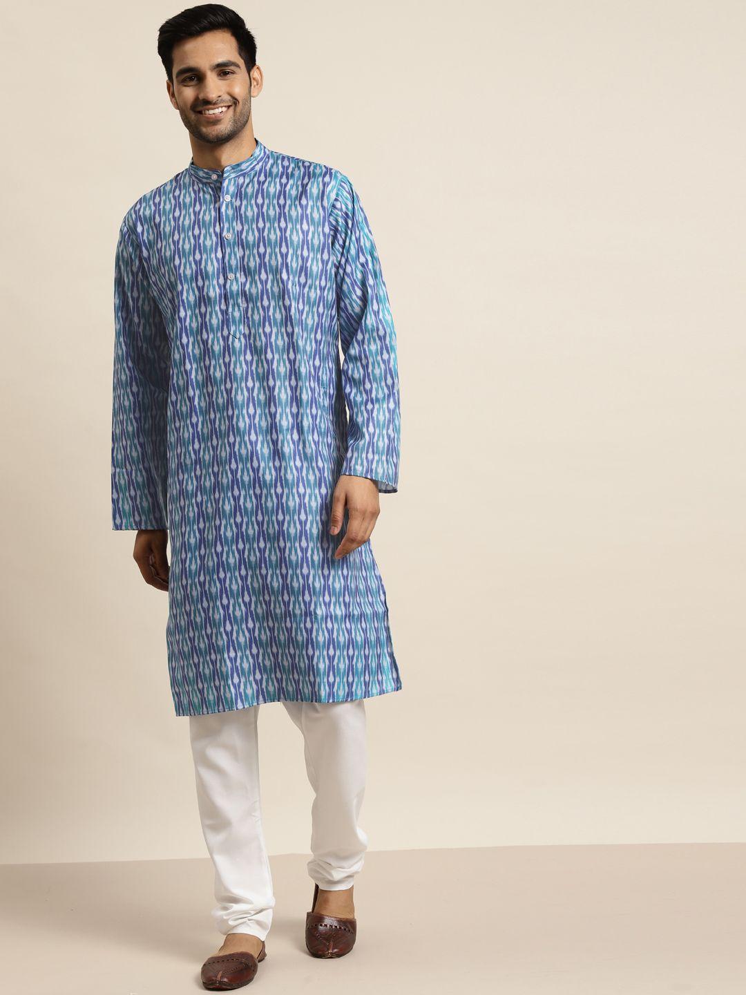 sojanya men blue & white printed regular pure cotton kurta with churidar