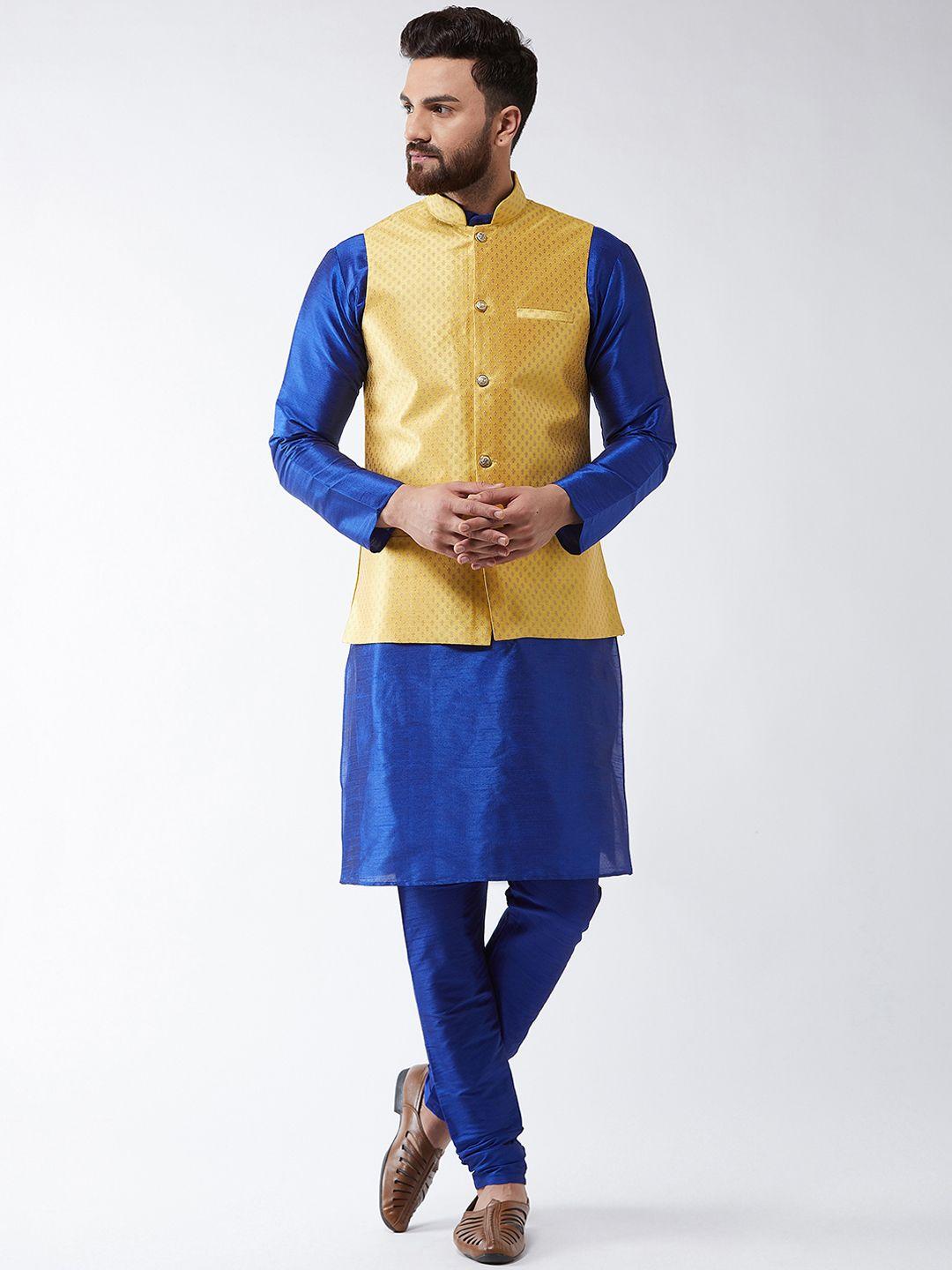 sojanya men blue & yellow solid kurta with churidar & nehru jacket