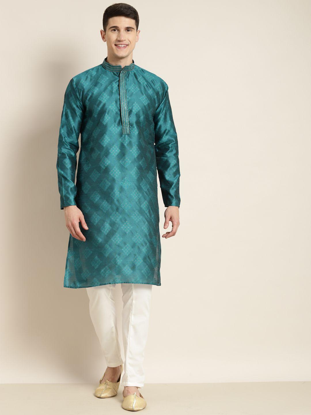 sojanya men blue embroidered jacquard silk kurta with churidar