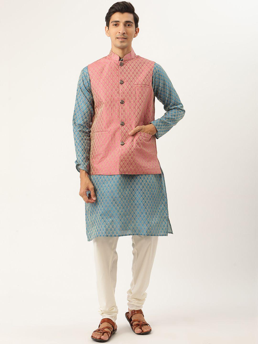 sojanya men blue ethnic motifs kurta with churidar & nehru jacket