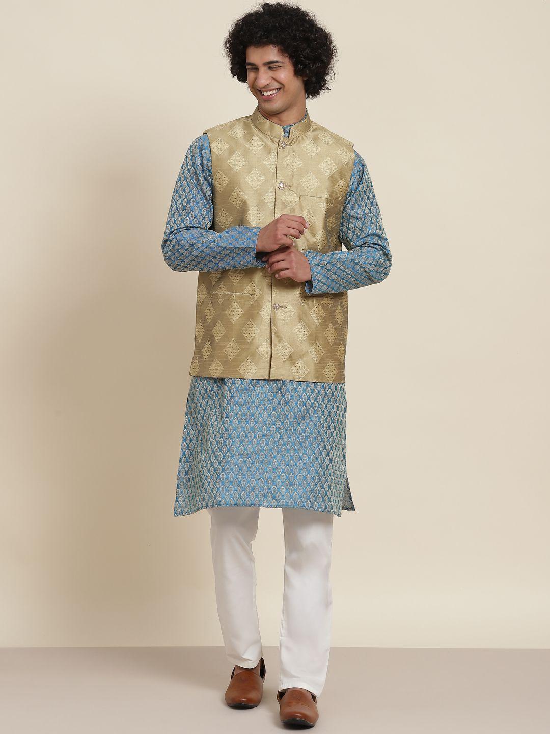 sojanya men blue ethnic motifs kurta with churidar & nehru jacket