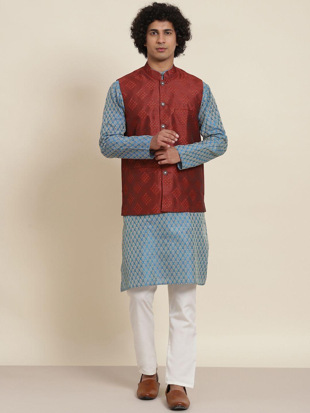 sojanya men blue ethnic motifs kurta with pyjamas & nehru jacket