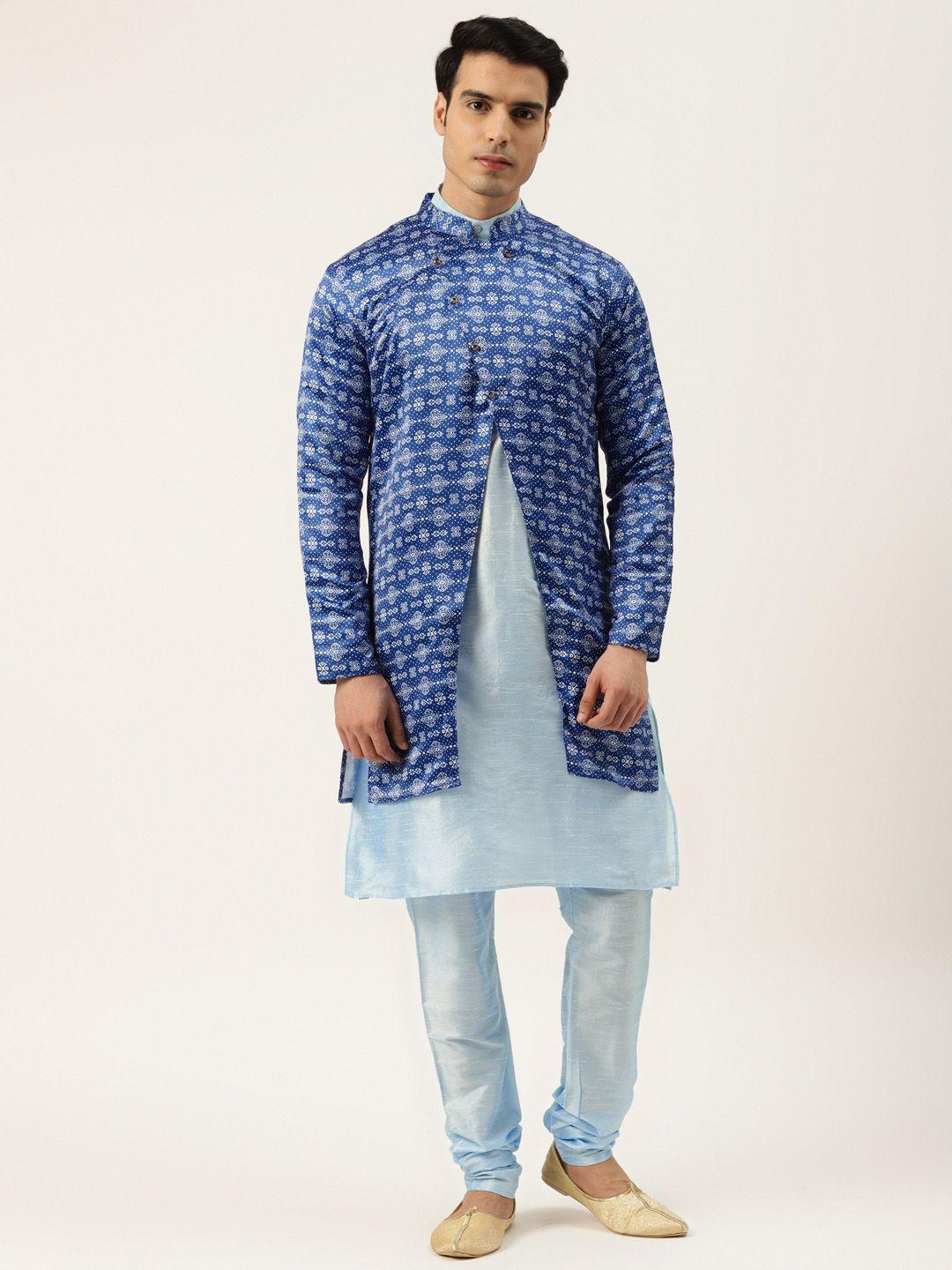 sojanya men blue kurta with churidar & printed jacket