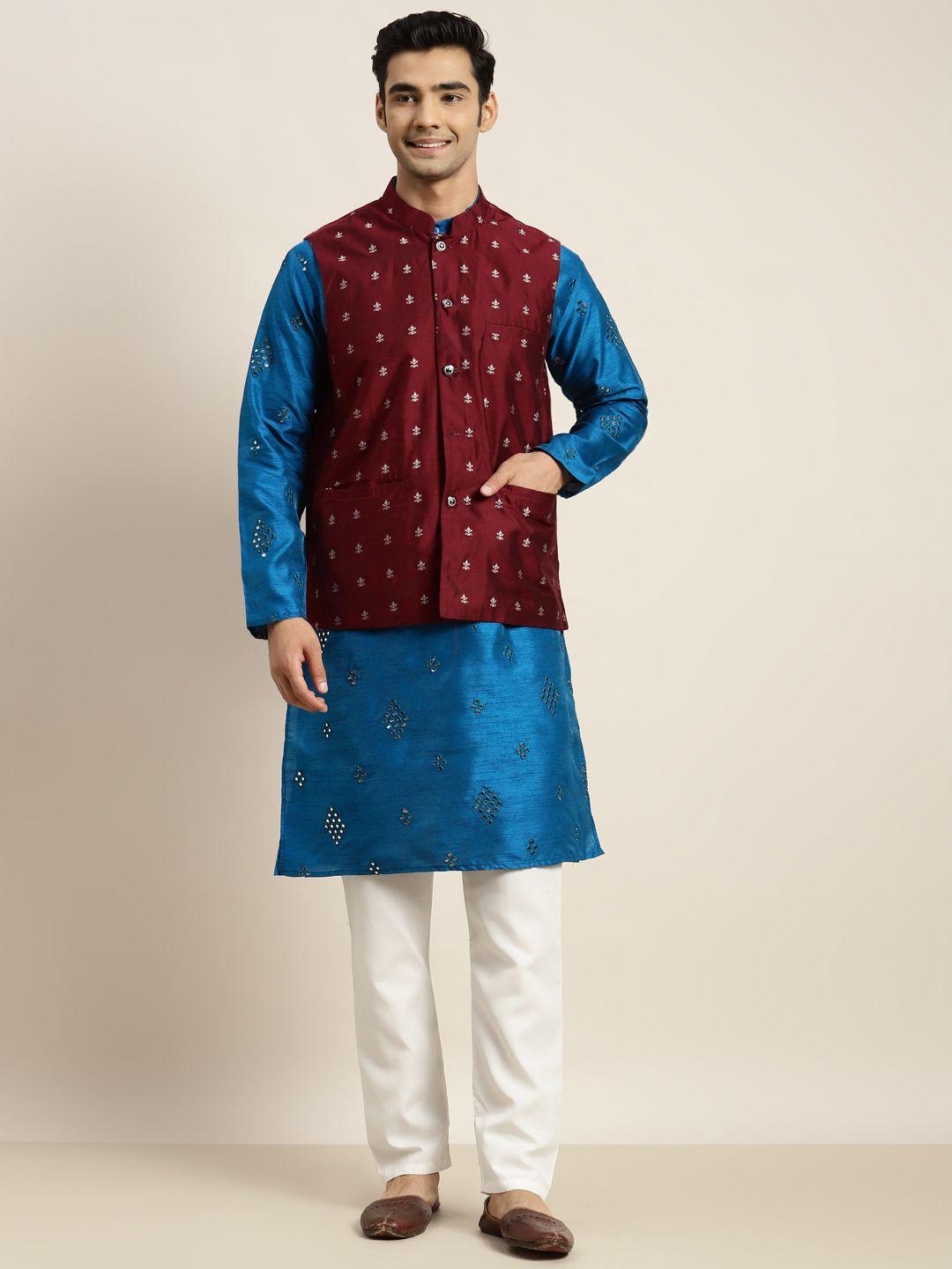 sojanya men blue mirror work kurta with pyjamas & nehru jacket