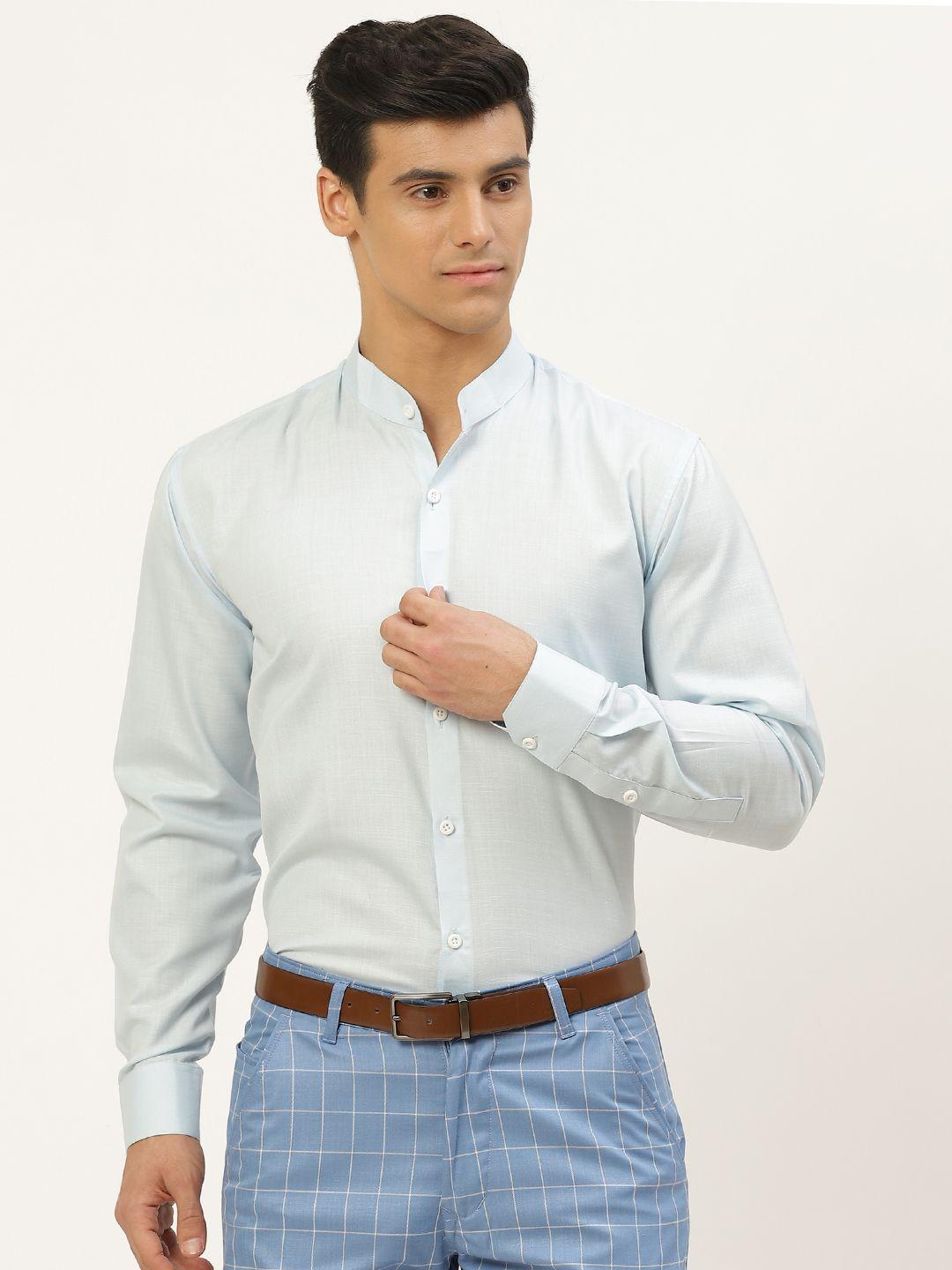 sojanya men blue solid semi fit formal shirt