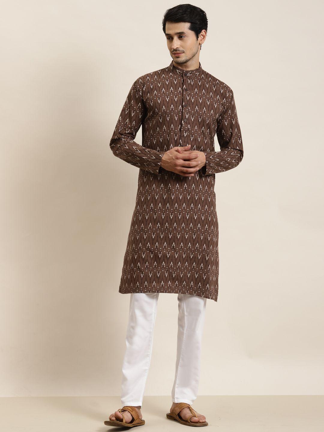 sojanya men brown & cream-coloured ethnic motifs printed kurta