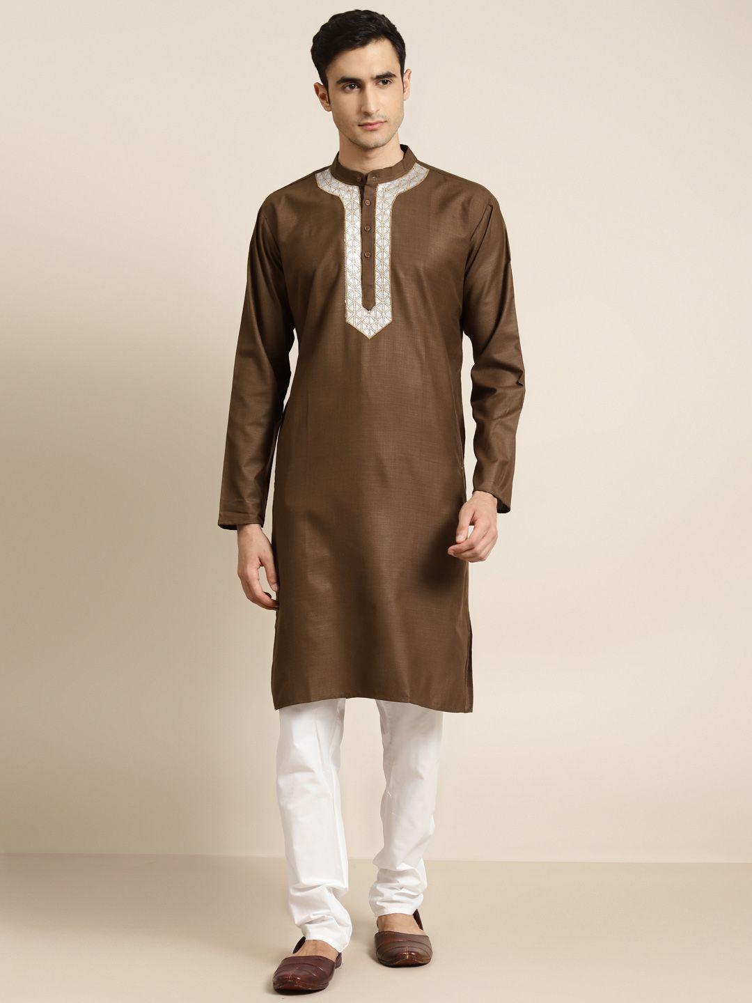 sojanya men brown & off-white solid pure cotton kurta with churidar