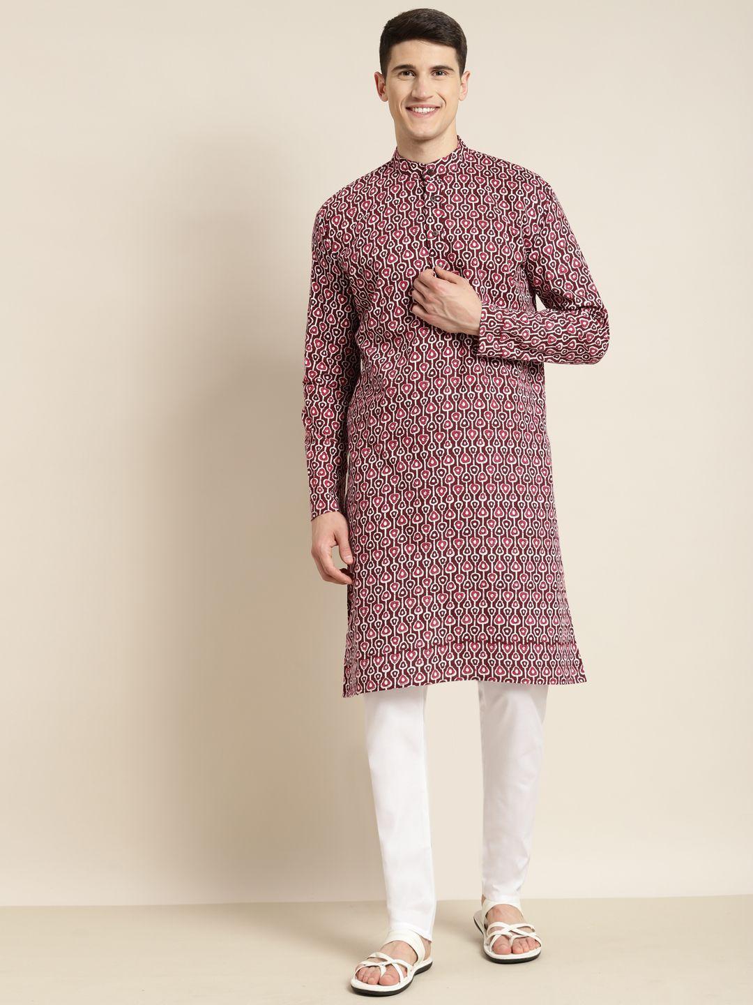 sojanya men brown & pink ethnic motifs printed kurta