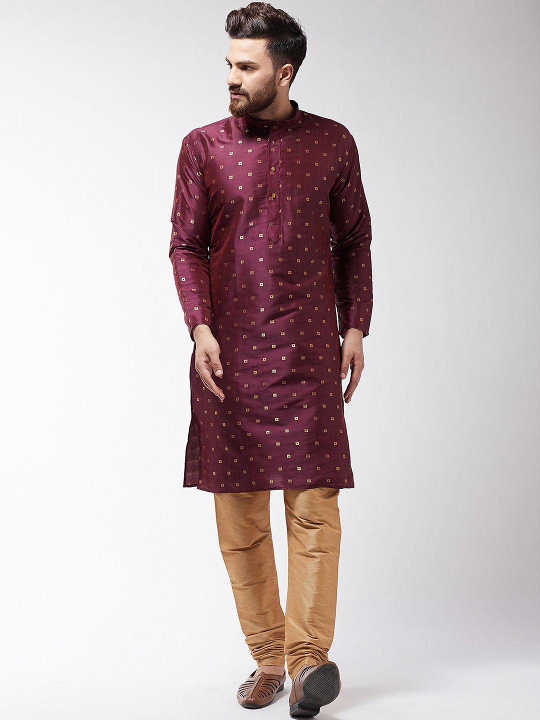 sojanya men burgundy & gold-coloured self design kurta with churidar