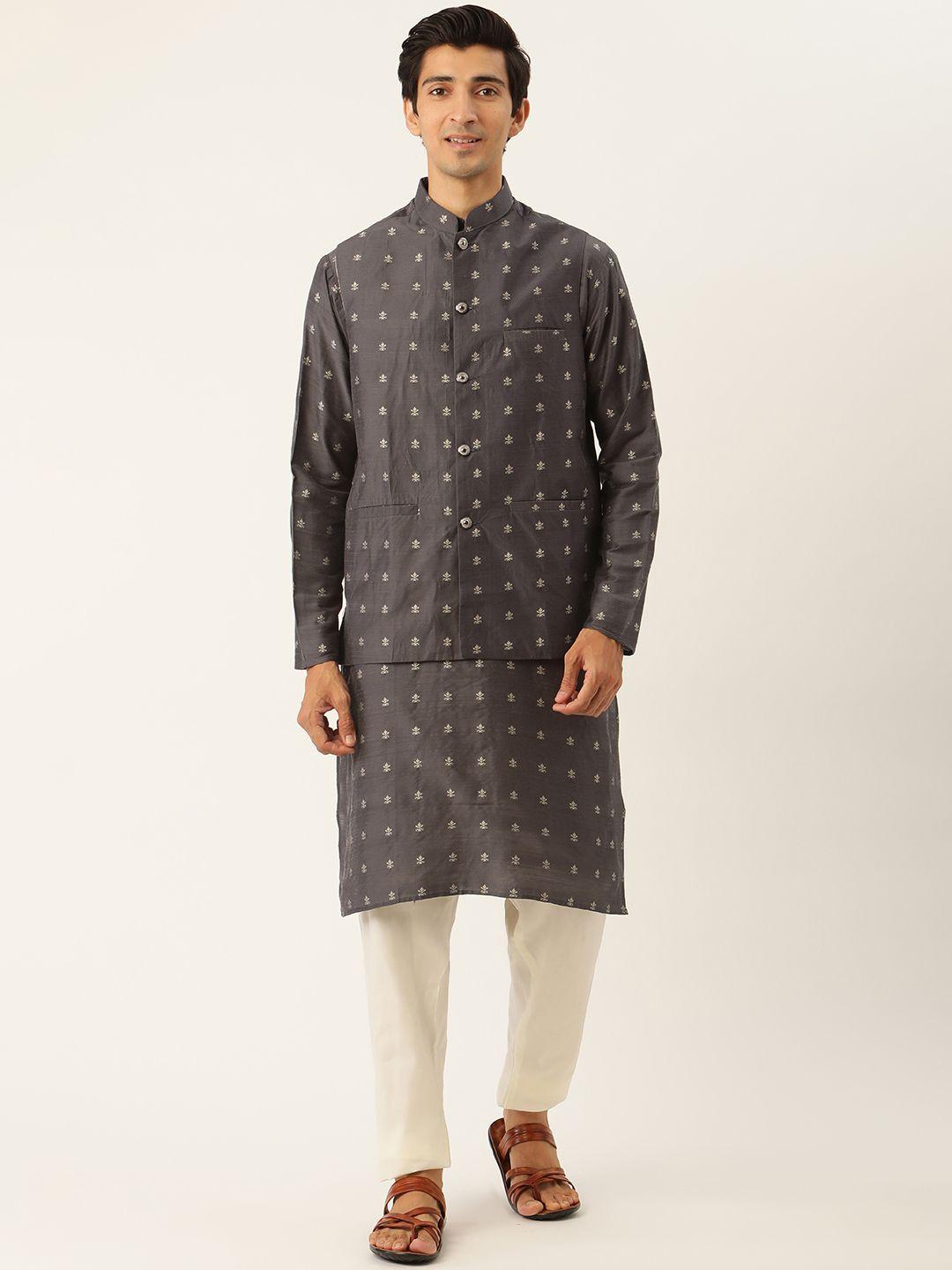 sojanya men charcoal ethnic motifs kurta set with nehru jacket