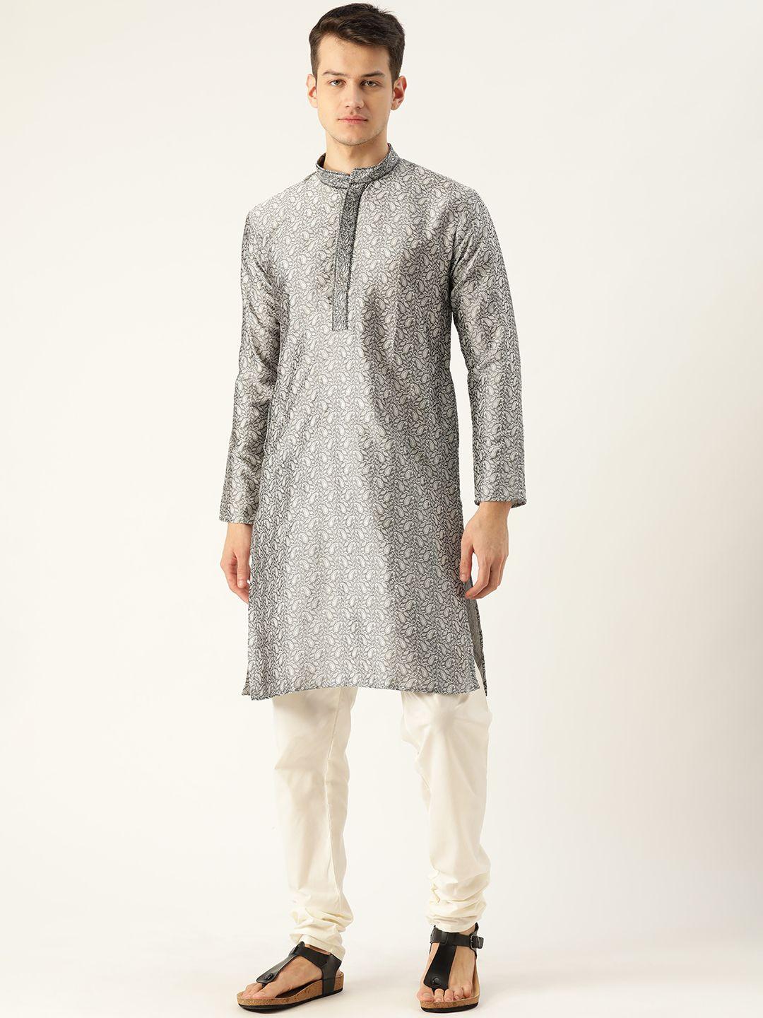 sojanya men charcoal grey & off-white paisley embroidered kurta with solid churidar