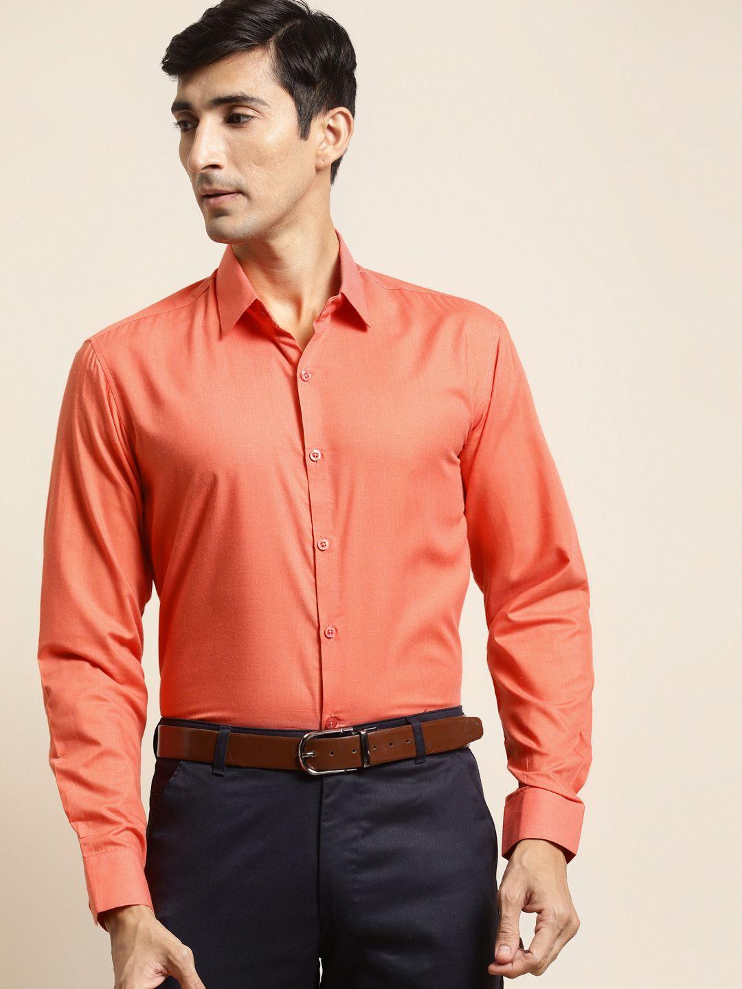 sojanya men coral orange cotton classic regular fit cotton formal shirt