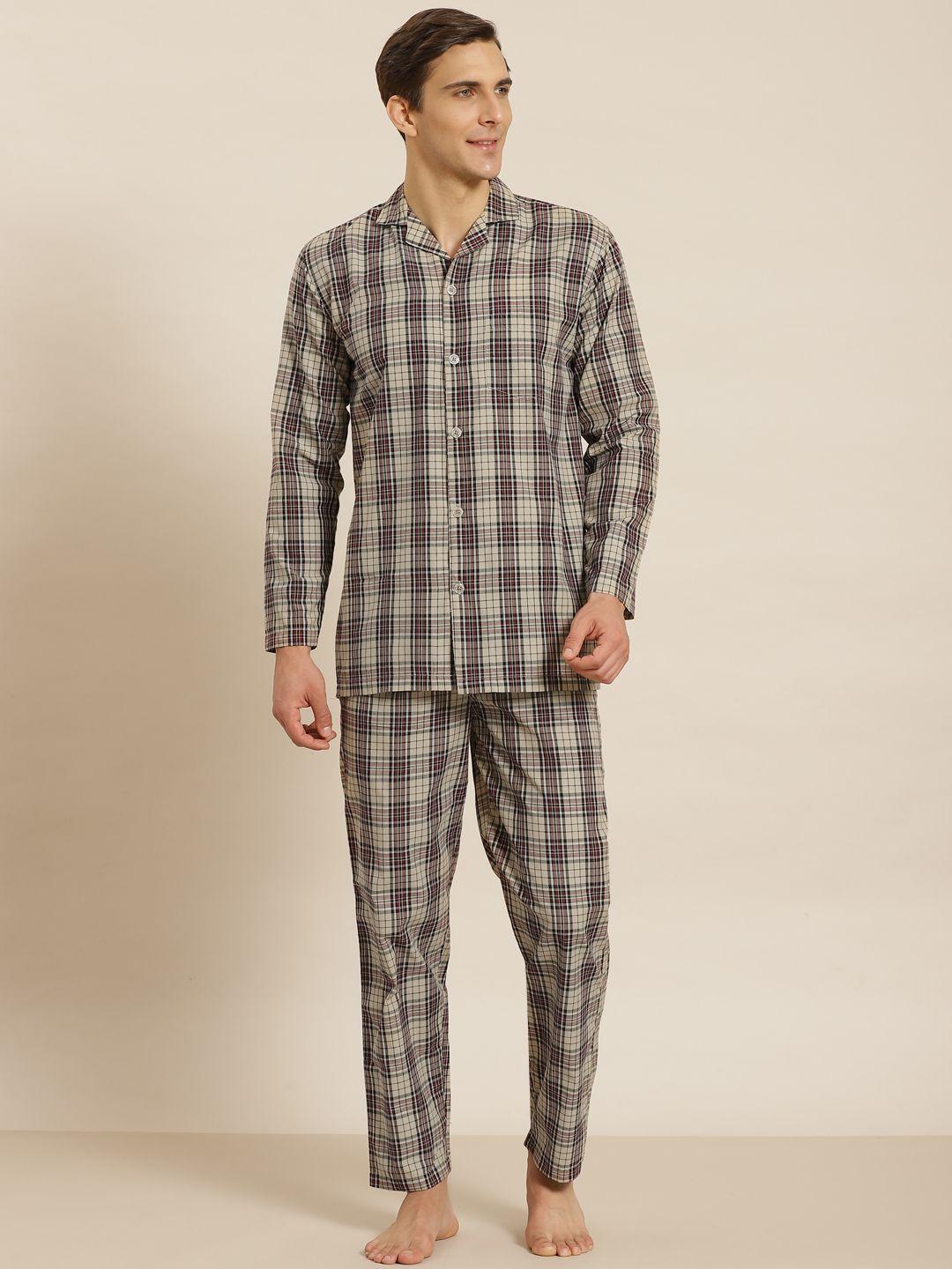 sojanya men cream-coloured & maroon checked cotton night suit