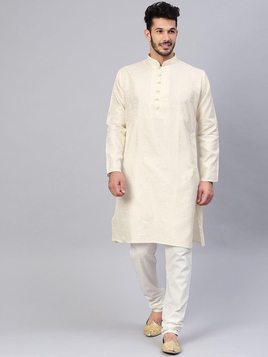 sojanya men cream-coloured & off-white self design straight kurta with churidar