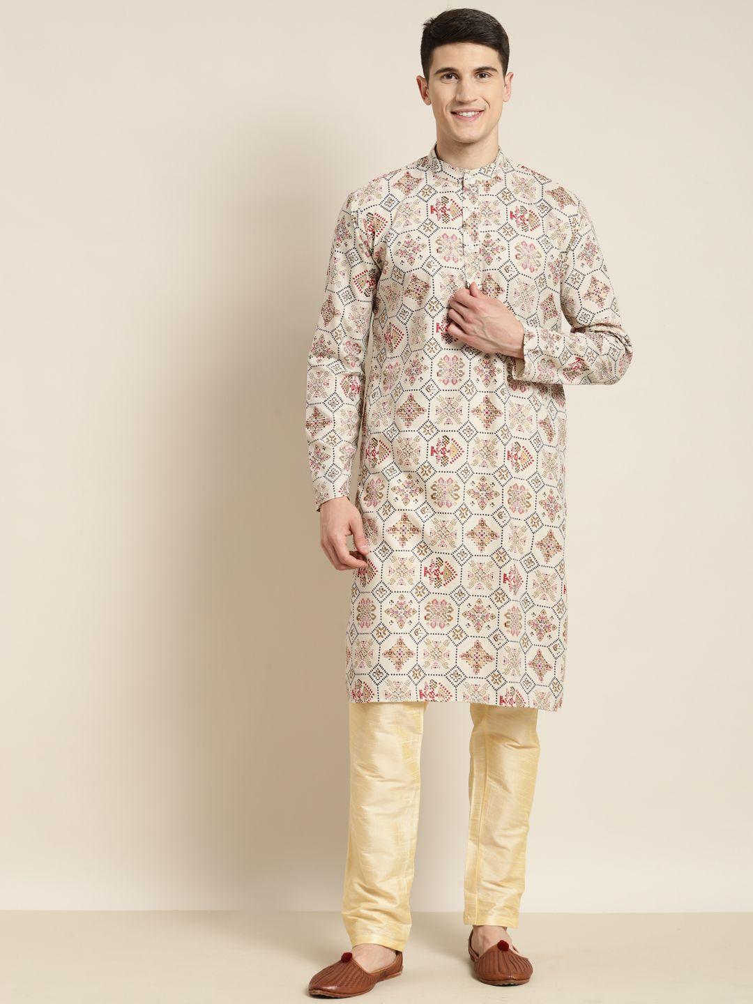 sojanya men cream-coloured & red ethnic motifs printed kurta