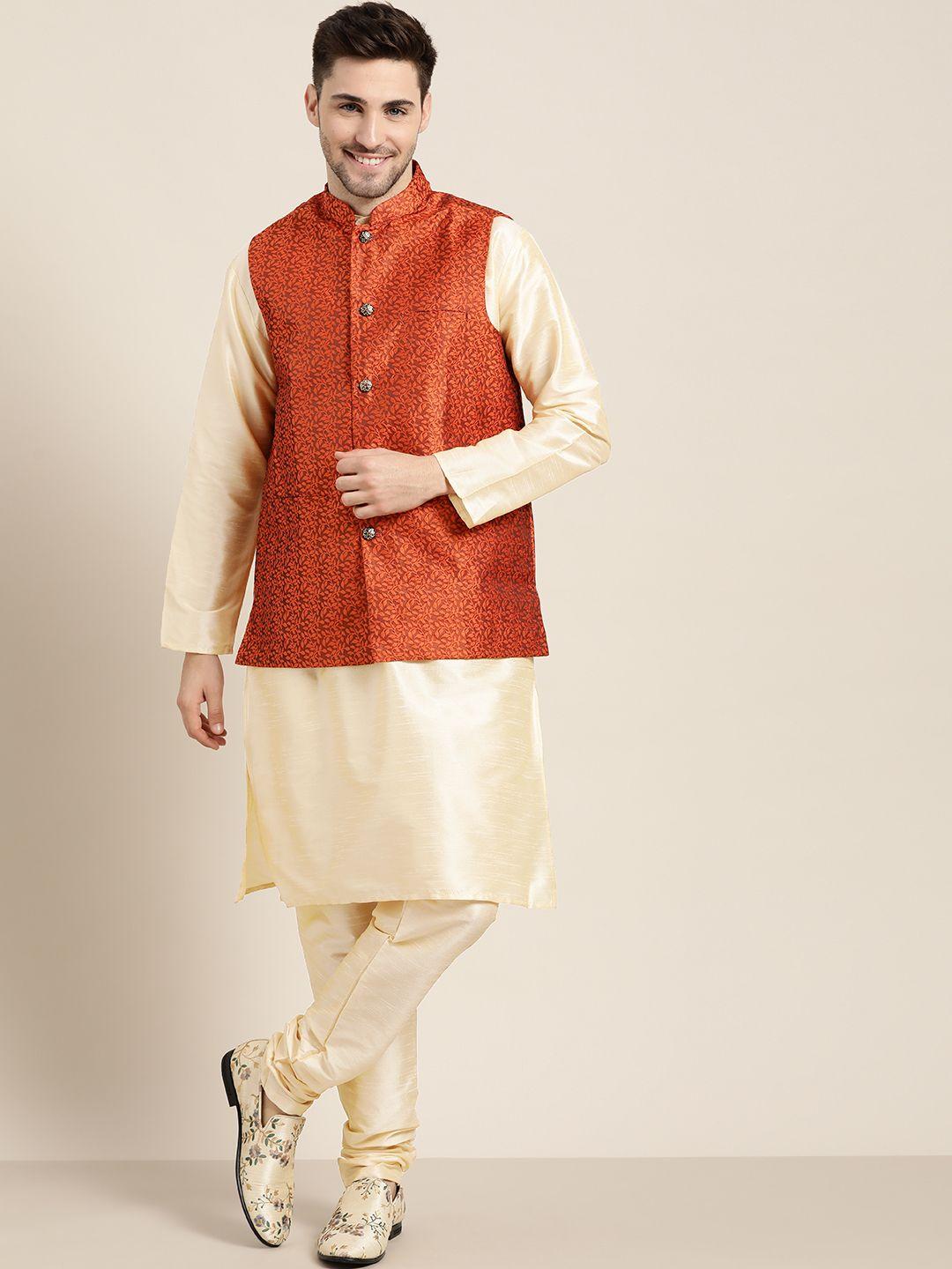 sojanya men cream-coloured & rust motifs jacquard kurta & churidar with nehru jacket