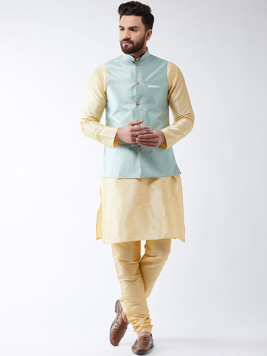 sojanya men cream-coloured & sea green self design kurta with churidar & nehru jacket