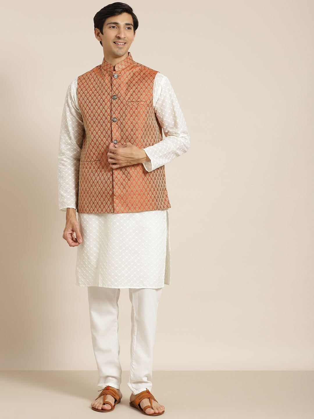 sojanya men cream-coloured chikankari pure cotton kurta with churidar & nehru jacket