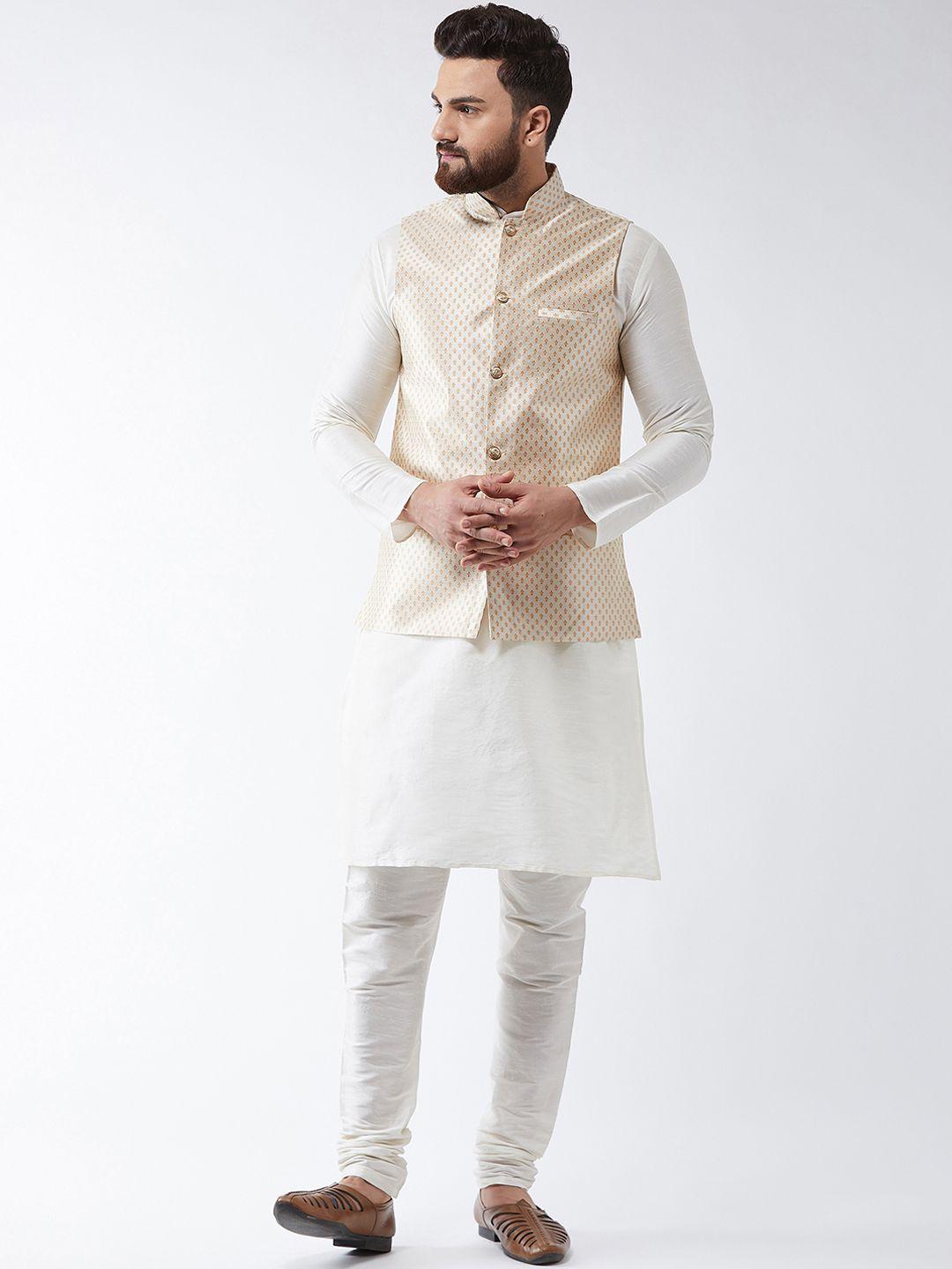 sojanya men cream-coloured self design kurta with churidar & nehru jacket