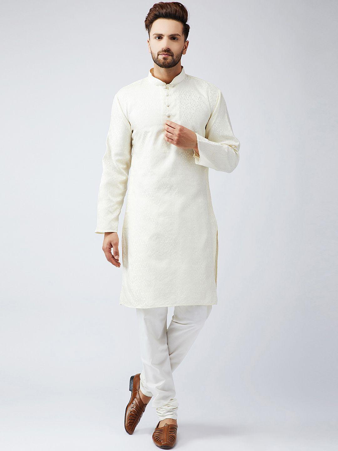 sojanya men cream-coloured woven design straight kurta