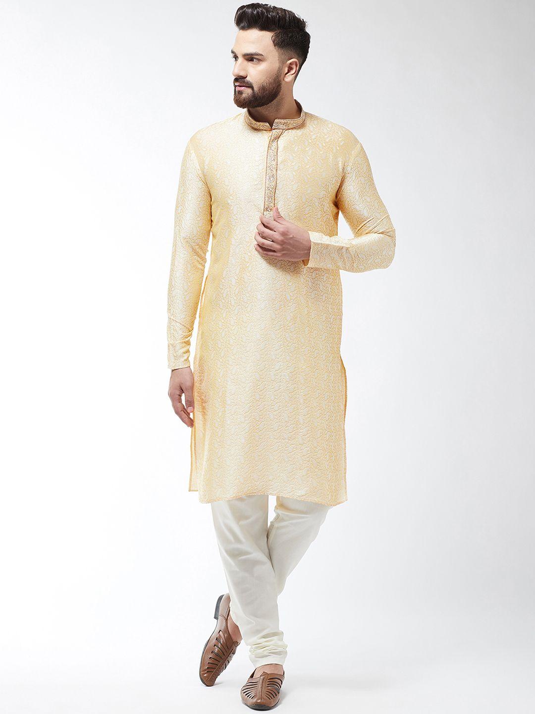 sojanya men gold-coloured & off-white embroidered kurta with churidar