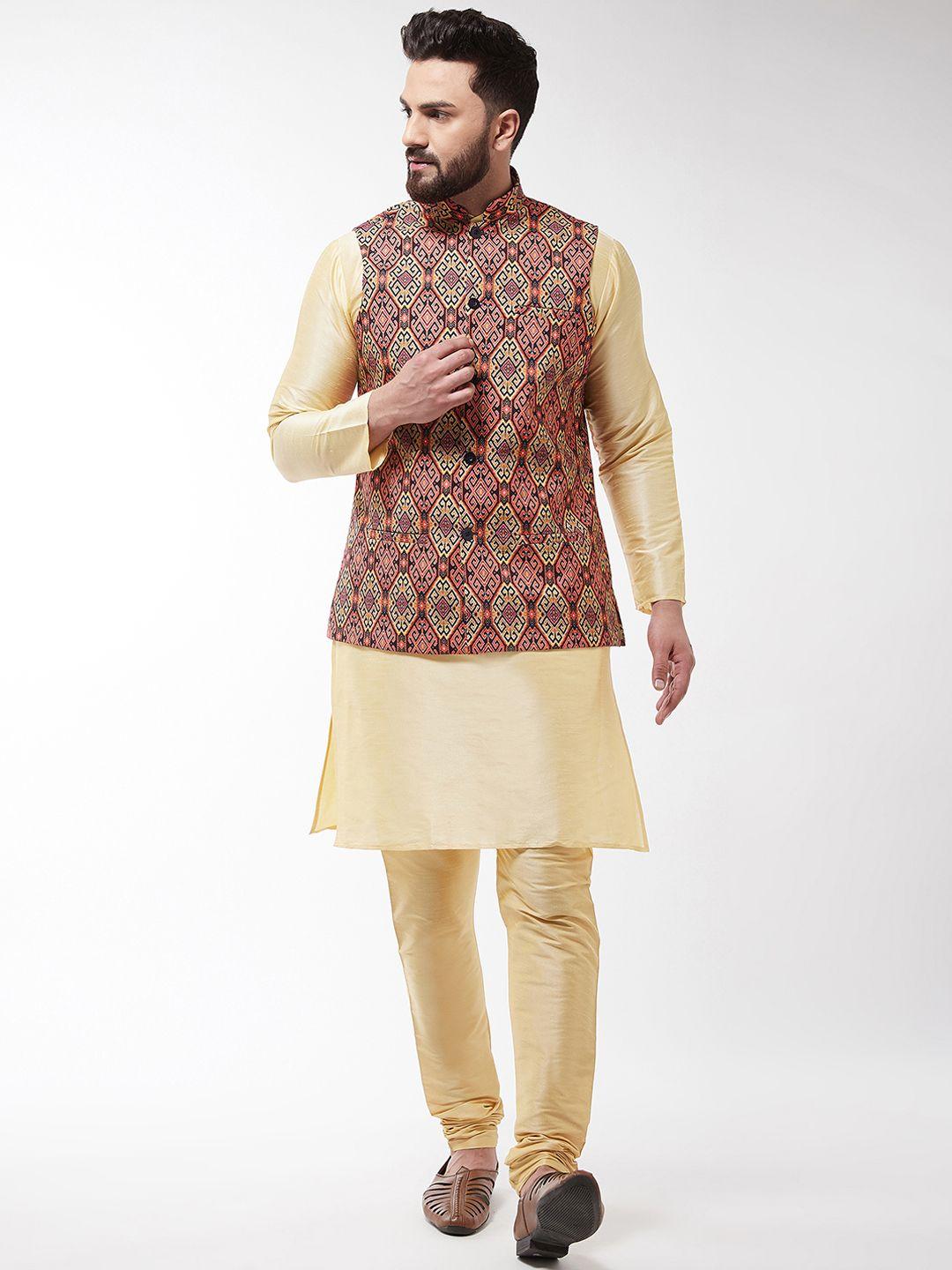 sojanya men gold-coloured & red printed kurta with churidar with nehru jacket