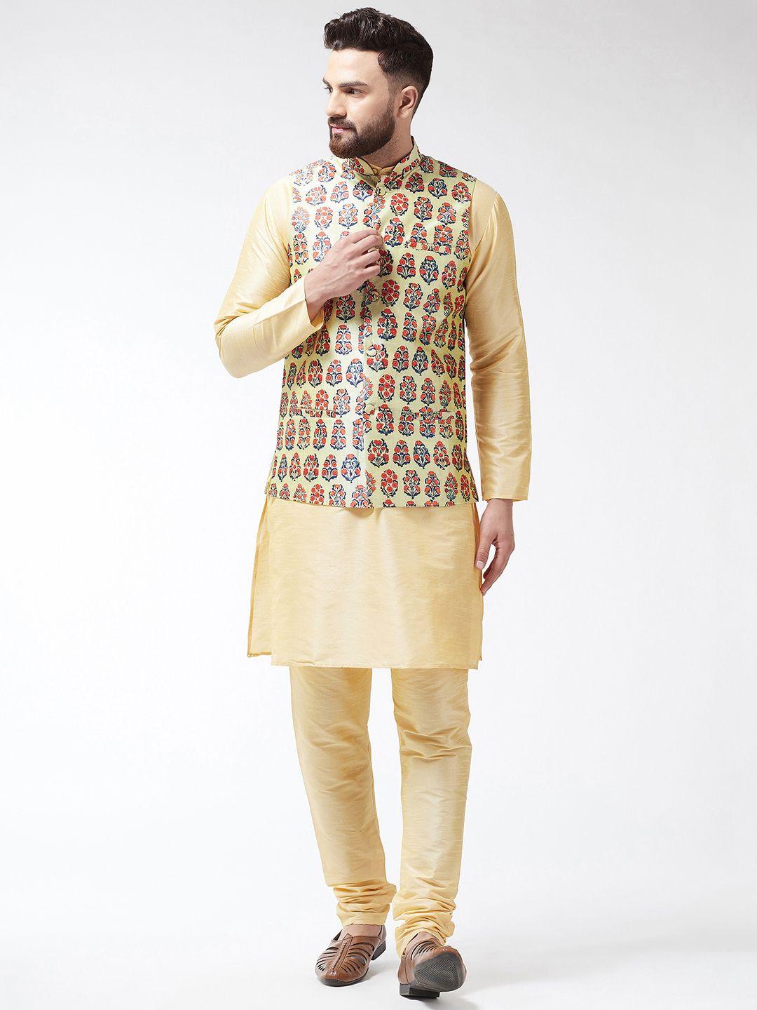 sojanya men gold-toned & beige solid kurta and churidar with nehru jacket
