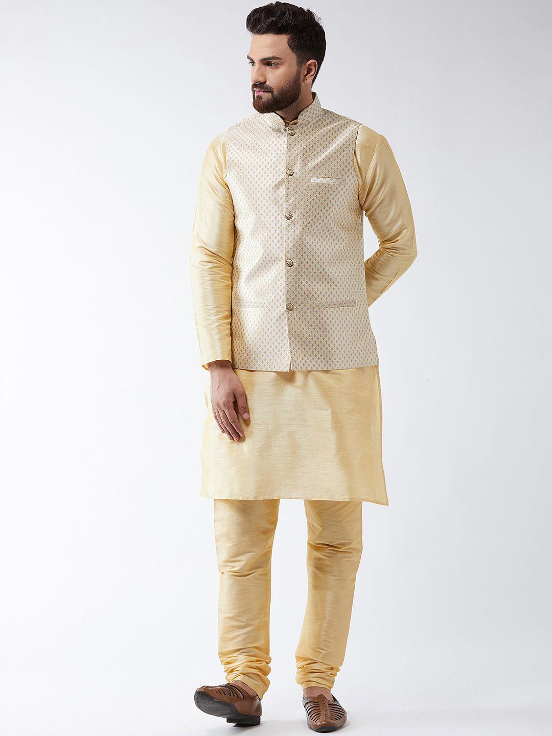 sojanya men gold-toned & beige solid kurta with churidar & nehru jacket