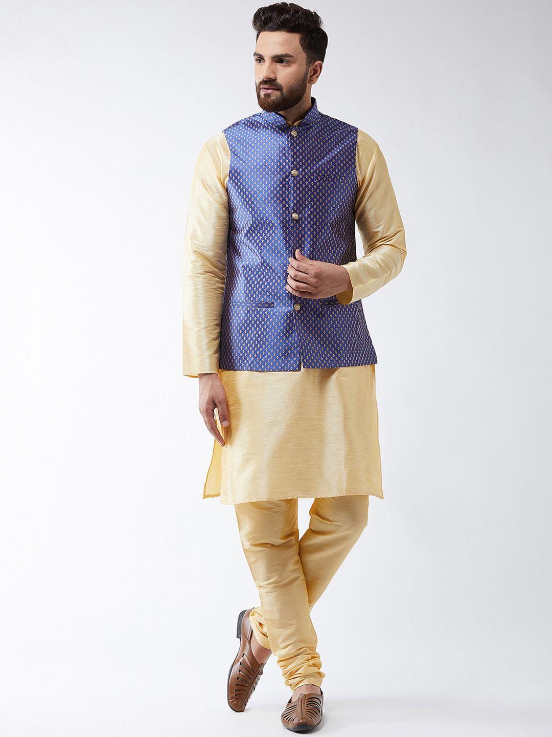 sojanya men gold-toned & blue solid kurta set & nehru jacket