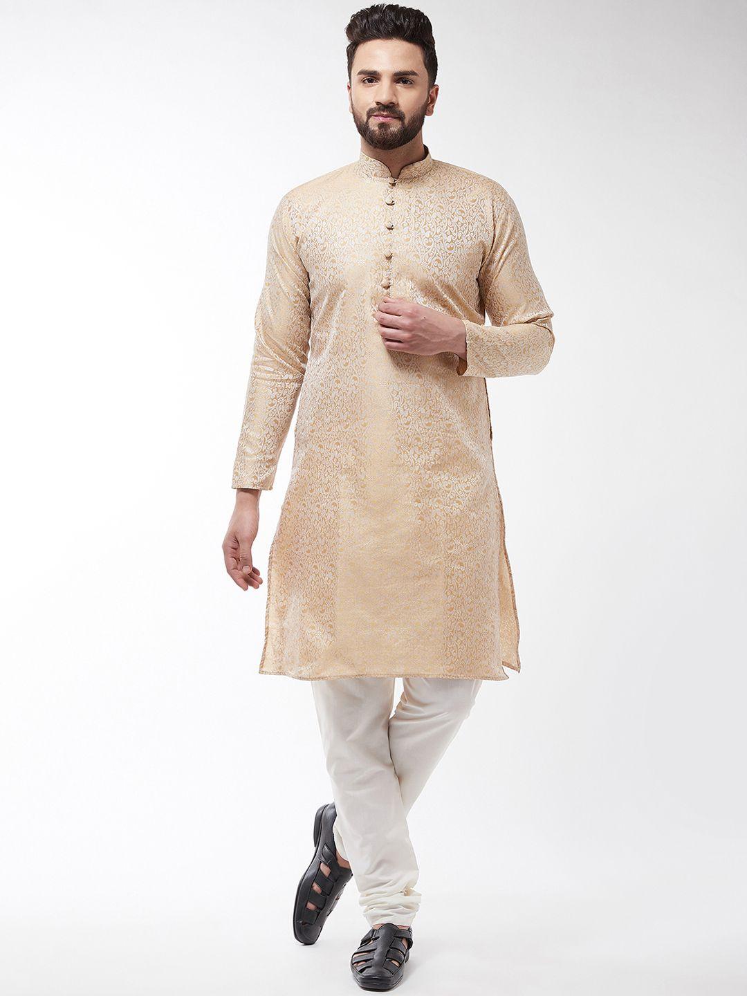 sojanya men gold-toned & off-white self design kurta with churidar
