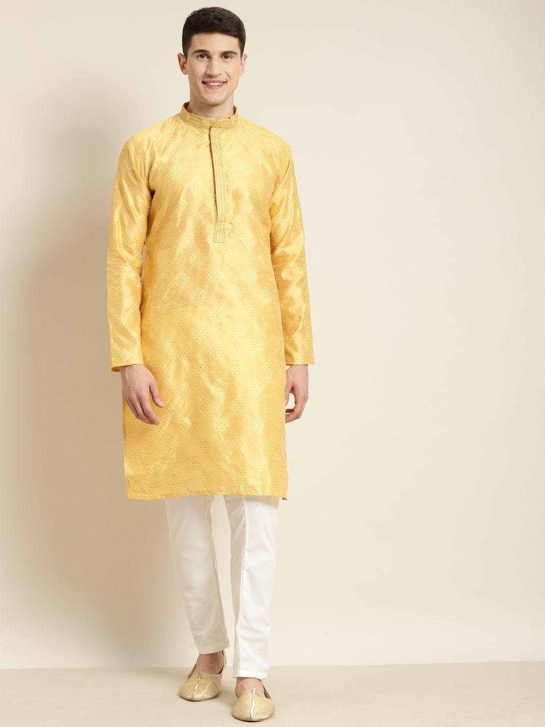 sojanya men gold-toned embroidered  jacquard silk kurta with churidar
