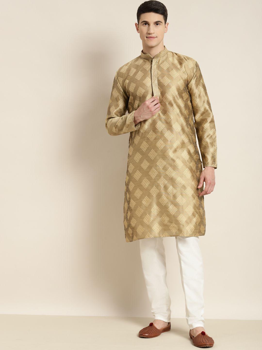 sojanya men gold-toned jacquard silk kurta with churidar
