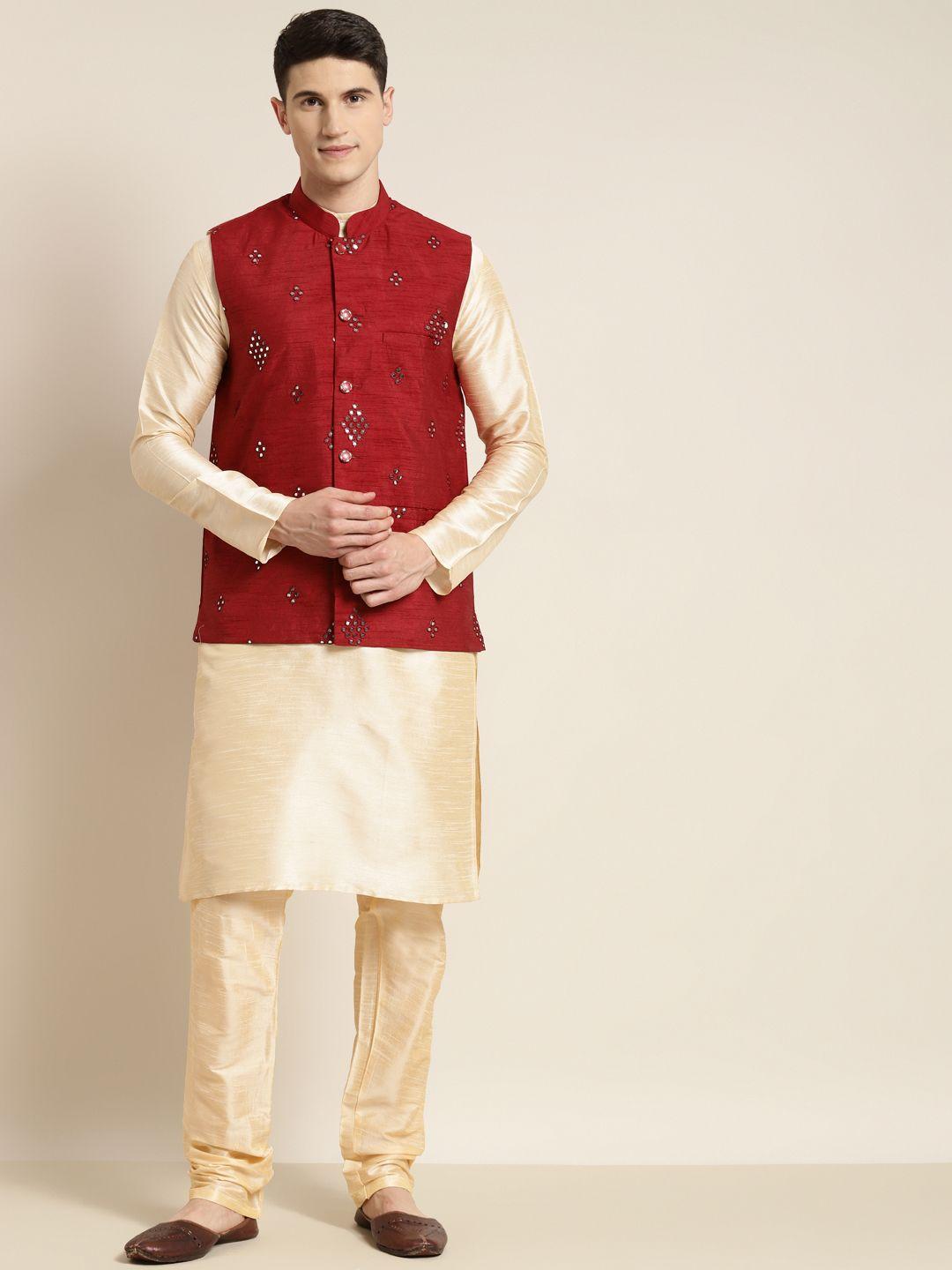 sojanya men gold-toned silk cotton kurta with churidar