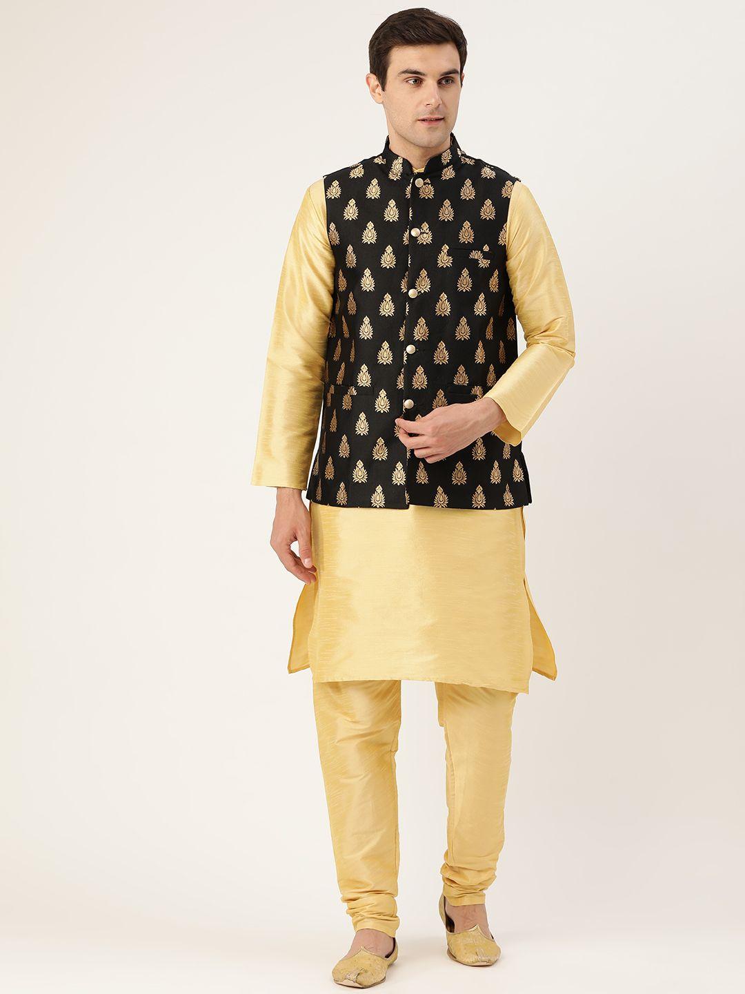 sojanya men golden & black solid kurta with churidar & nehru jacket