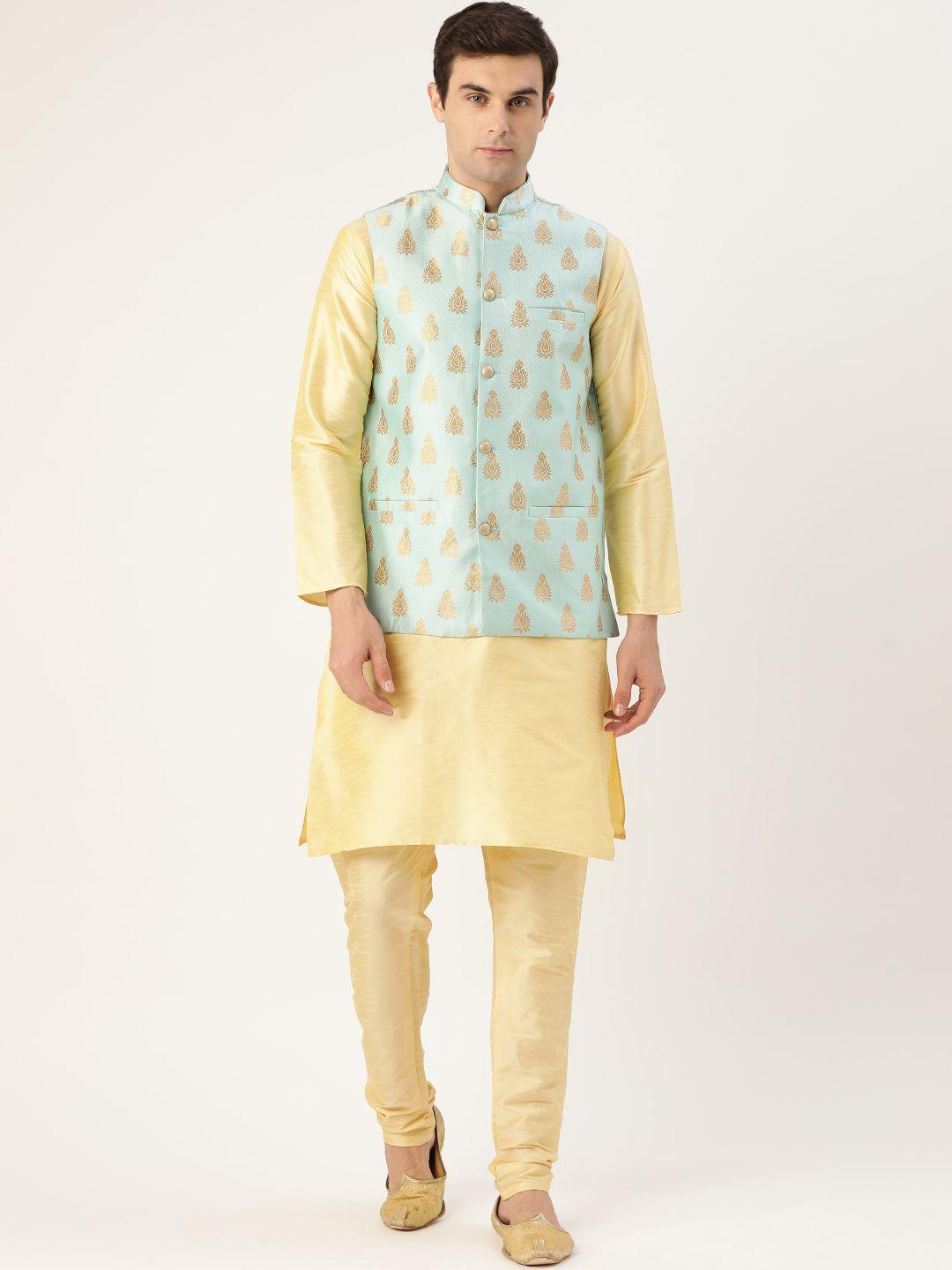 sojanya men golden & blue solid kurta with churidar & nehru jacket