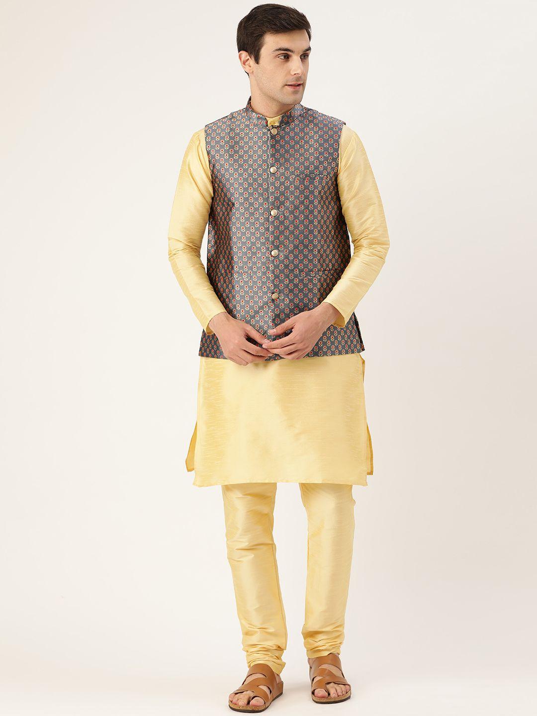 sojanya men golden & charcoal grey solid kurta with churidar & nehru jacket