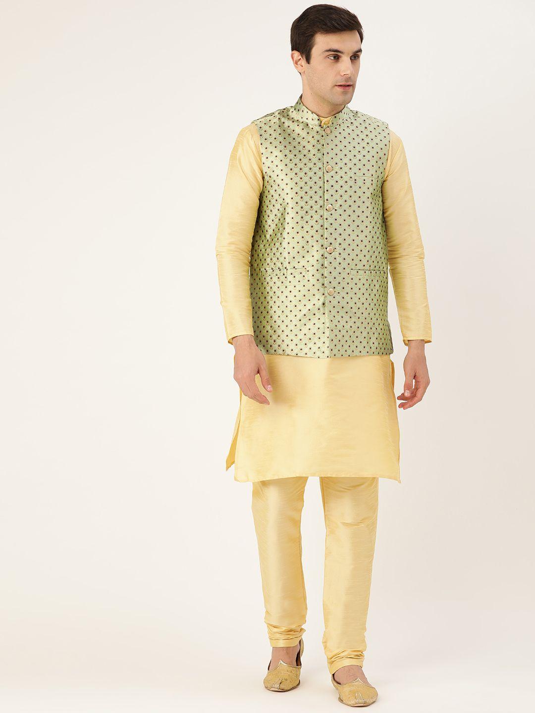 sojanya men golden & green solid kurta with churidar & nehru jacket