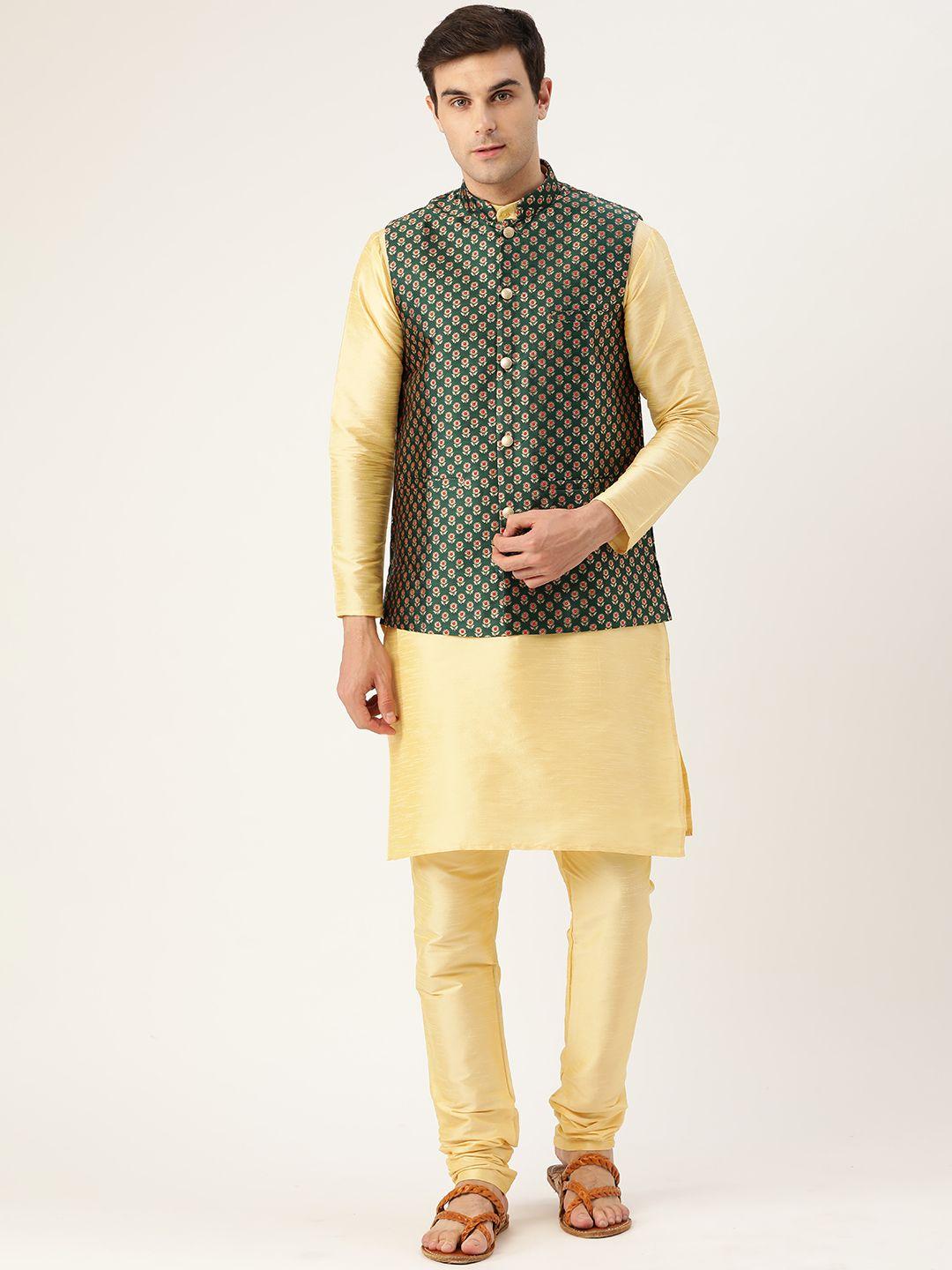 sojanya men golden & green solid kurta with churidar & nehru jacket