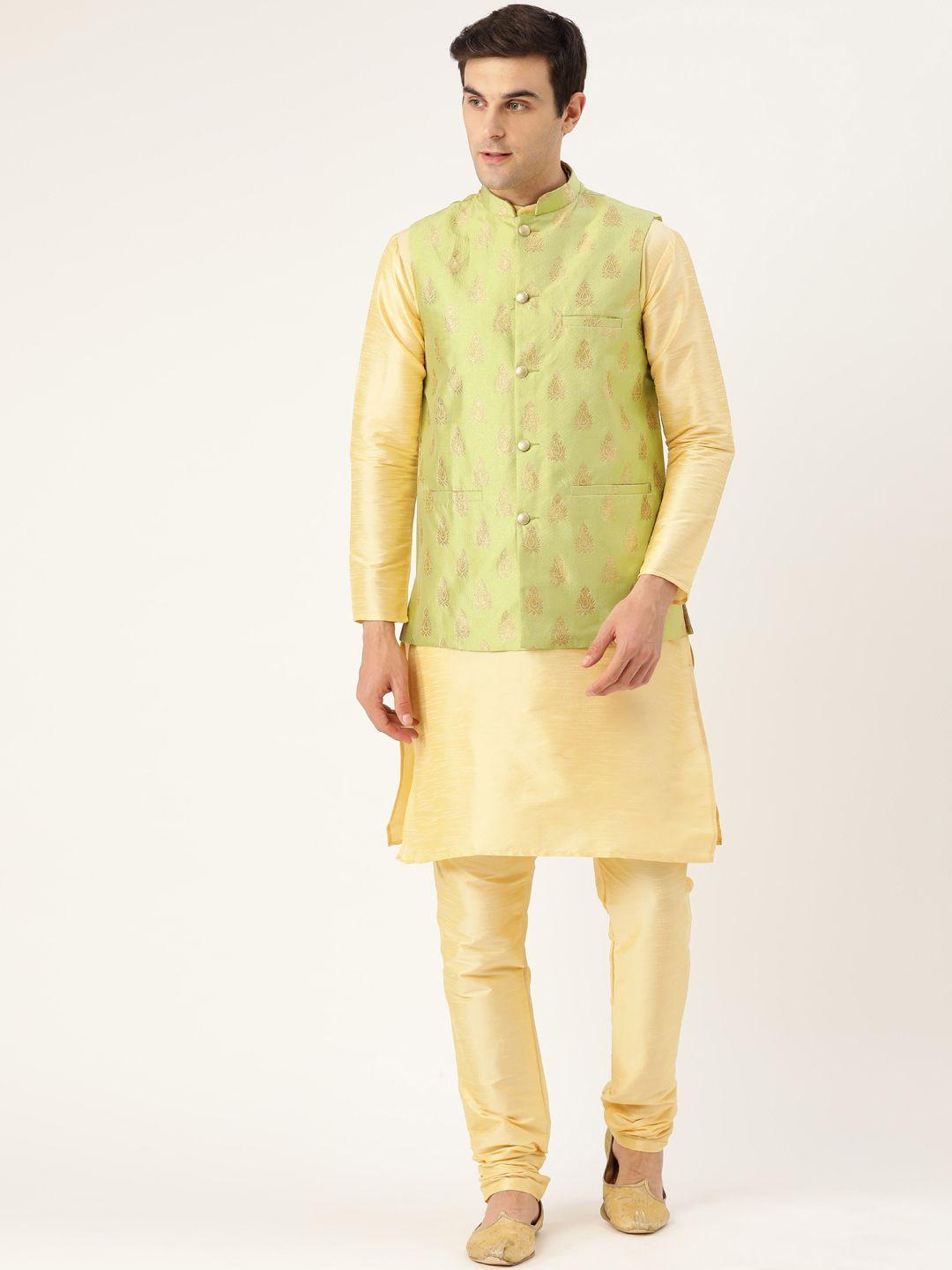 sojanya men golden & green solid kurta with churidar & nehru jacket