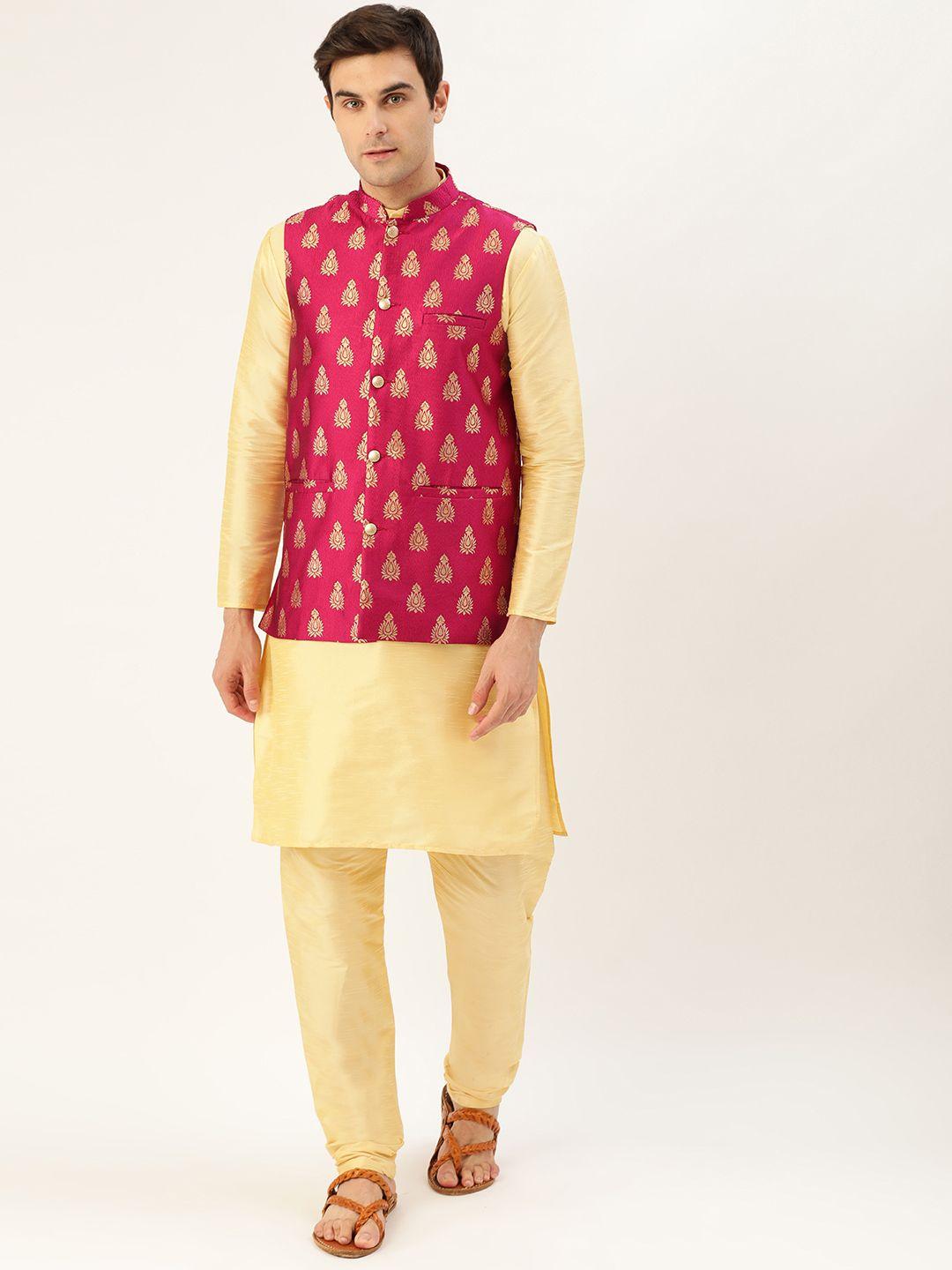 sojanya men golden & magenta solid kurta with churidar & nehru jacket