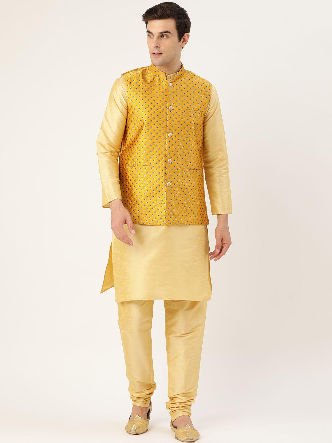 sojanya men golden & mustard yellow solid kurta & churidar with woven design nehru jacket