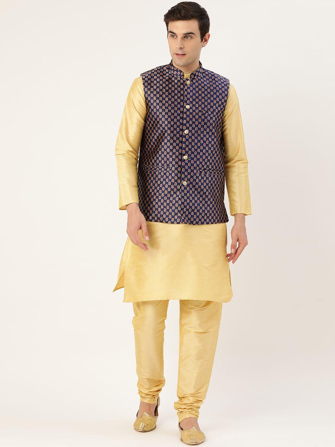 sojanya men golden & navy blue solid kurta & churidar with woven design nehru jacket