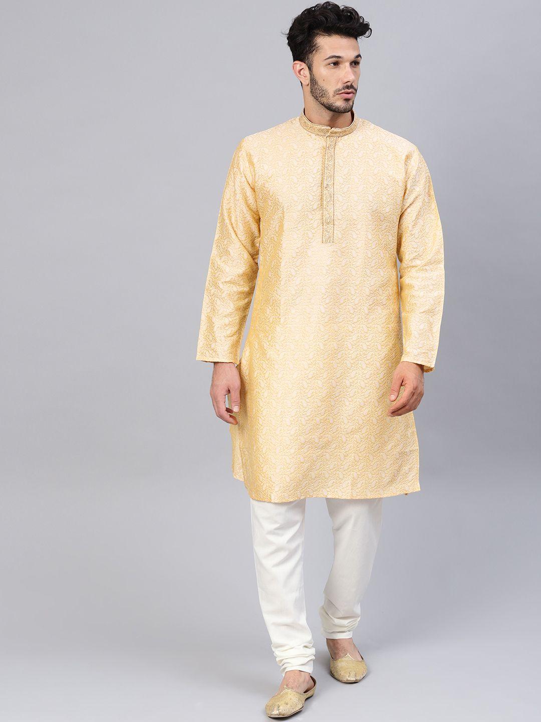 sojanya men golden & off-white self design straight kurta with churidar