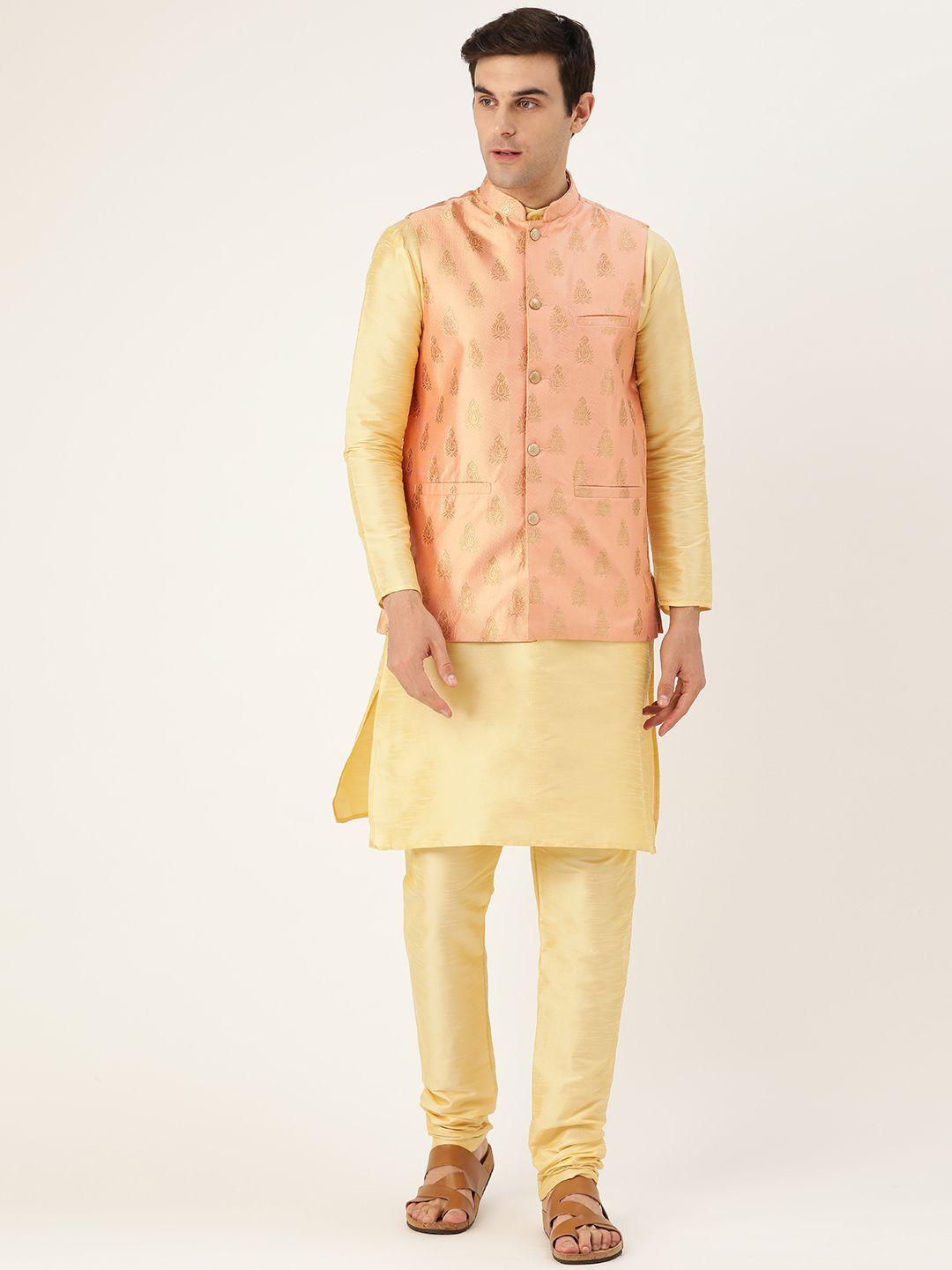 sojanya men golden & peach-coloured solid kurta with churidar & nehru jacket